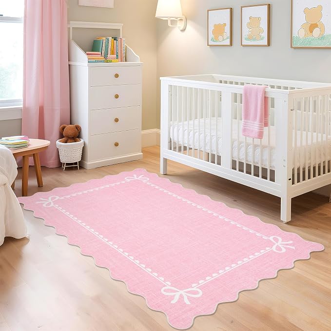 GarveeHome Scalloped Bow Rug for Living Room, Solid Pink Rug for Dorm, Washable - Image 3
