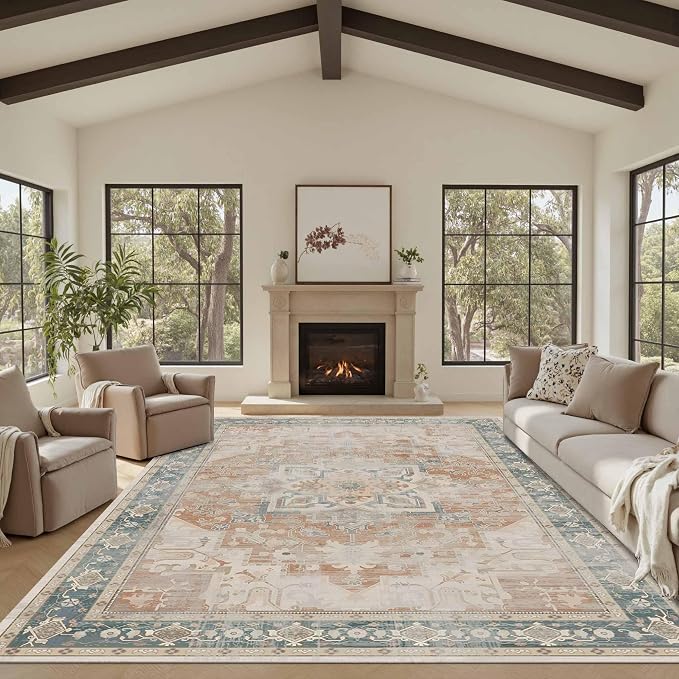 Rugxara 8X10 Orange Boho Rug, Large Washable Area Rugs - Image 6