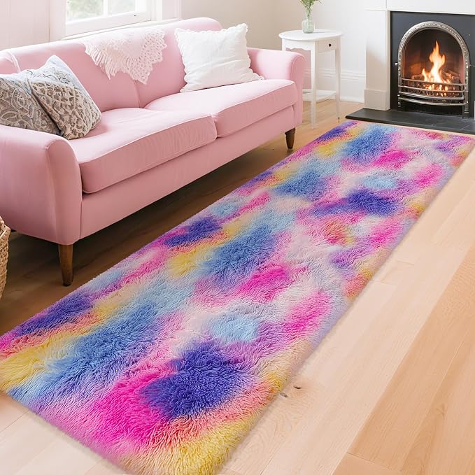 Soft Fluffy Pink Rainbow Rug for Girls Bedroom Carpet 2x8 Tie Dyed Shag Runner - Image 8