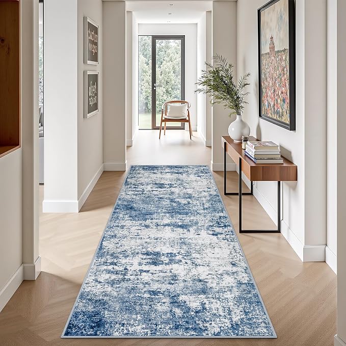 2.6'x8' Runner Rug Washable Rug;Modern Abstract Soft Thin Runner Rug Blue - Image 3