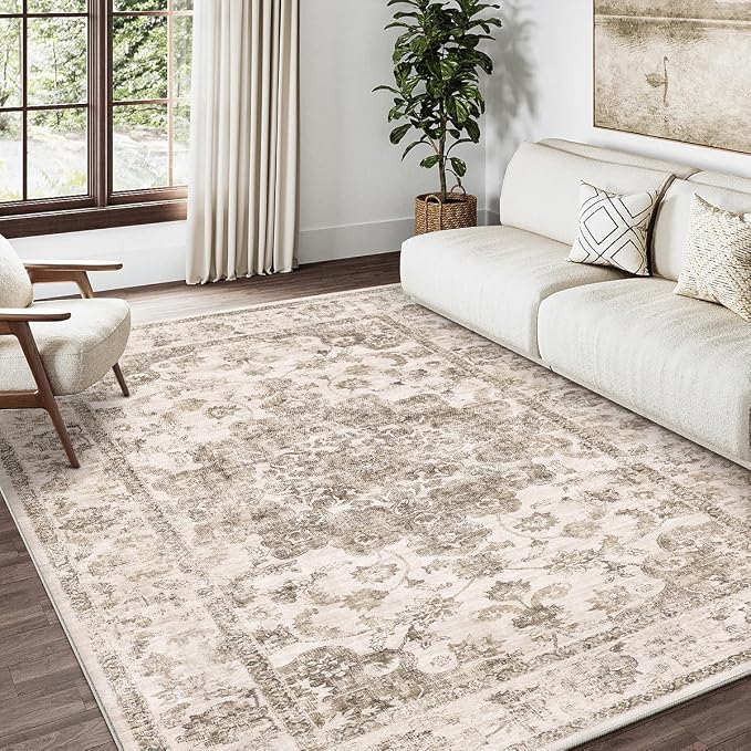 5x7 Washable Neutral Area Rug Brown Vintage Living Room Bedroom Carpet Non-Slip - Image 3