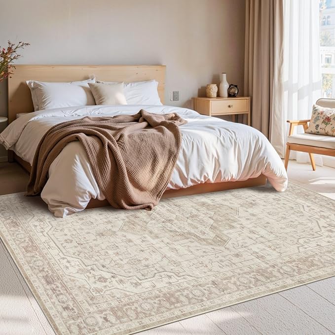 Rugxara Washable Area Rug for Living Room, Vintage Neutral Boho Rugs for Office - Image 4