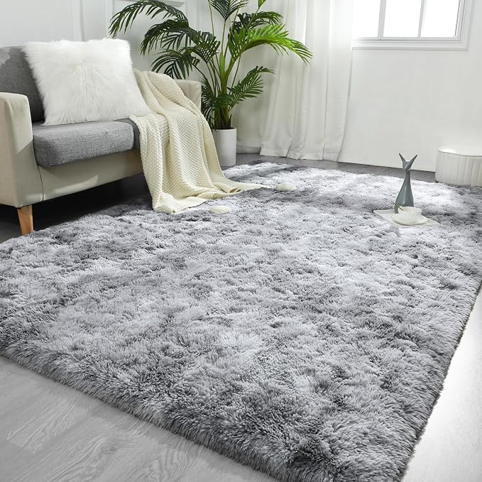 FlyDOIT Large Area Rugs for Living Room, 5x8 Feet Tie-Dyed Light Grey Shaggy by FlyDOIT