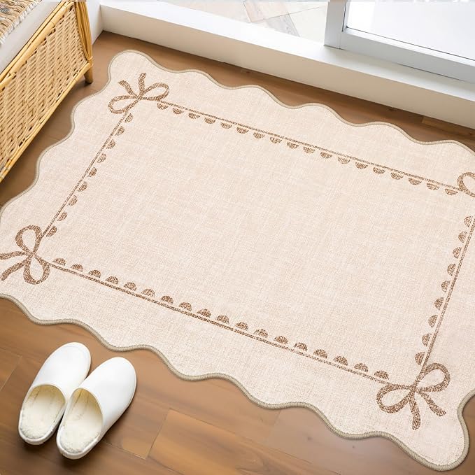 GarveeHome Scalloped Bow Rug for Kitchen Floor, Solid Beige Rug for Dorm by GarveeHome