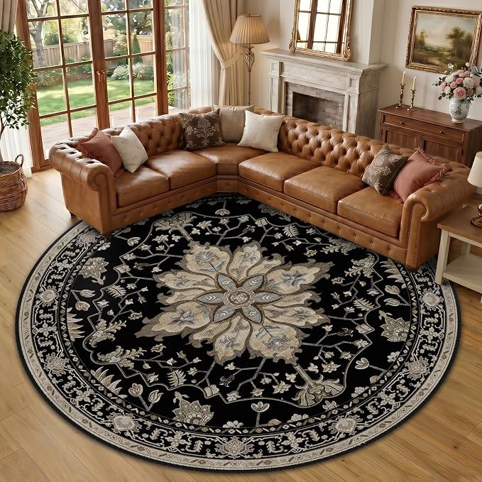 RELEANY Area Rugs Round 10ft Washable Non-Slip, Floral Vintage Distress by RELEANY