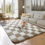 KICMOR Rugs for Living Room, 5x8 Fluffy Soft Beige and Cream White Checkered - Image 5
