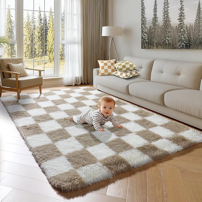 KICMOR Rugs for Living Room, 5x8 Fluffy Soft Beige and Cream White Checkered - Image 5