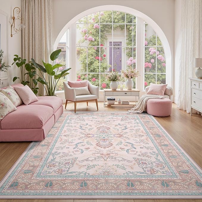 DCX 4x6 Pink Vintage Floral Rug, Machine Washable Non Slip Low Pile Carpet - Image 3
