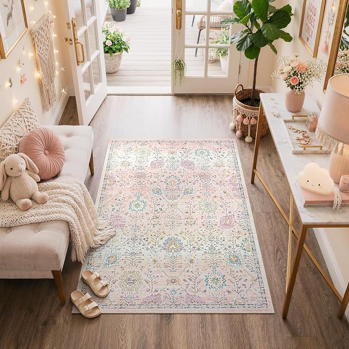 Lahome Girls Bedroom Pink Rug 3x5, Soft Washable Floral Area Rug - Image 8
