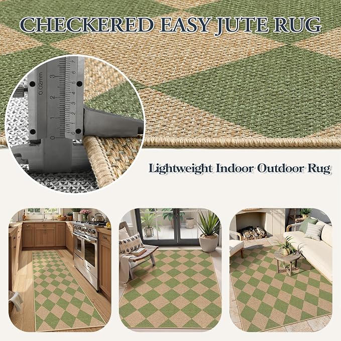 Lahome Colette Green Checkered Easy Jute Rug, 3x5 Washable Outdoor Rug Neutral - Image 5