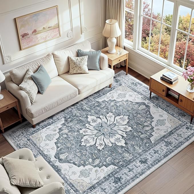 RELEANY Area Rugs 6'x9' Washable Non-Slip, Floral Vintage Distress Medallion by RELEANY