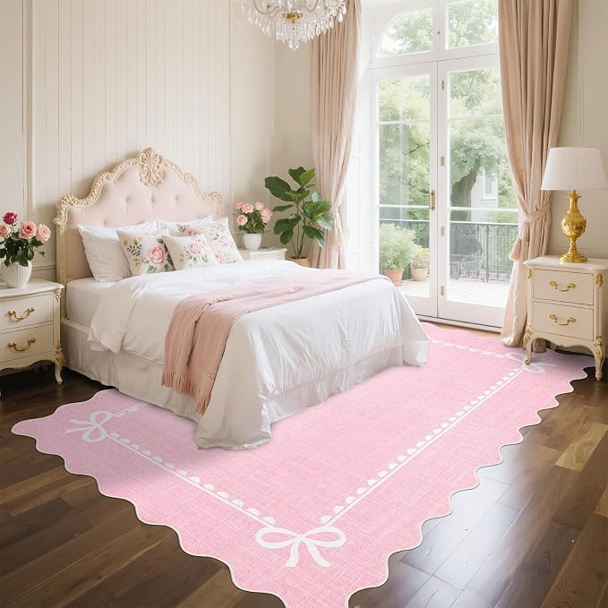 GarveeHome Scalloped Bow Rug for Living Room, Solid Pink Rug for Dorm, Washable - Image 2