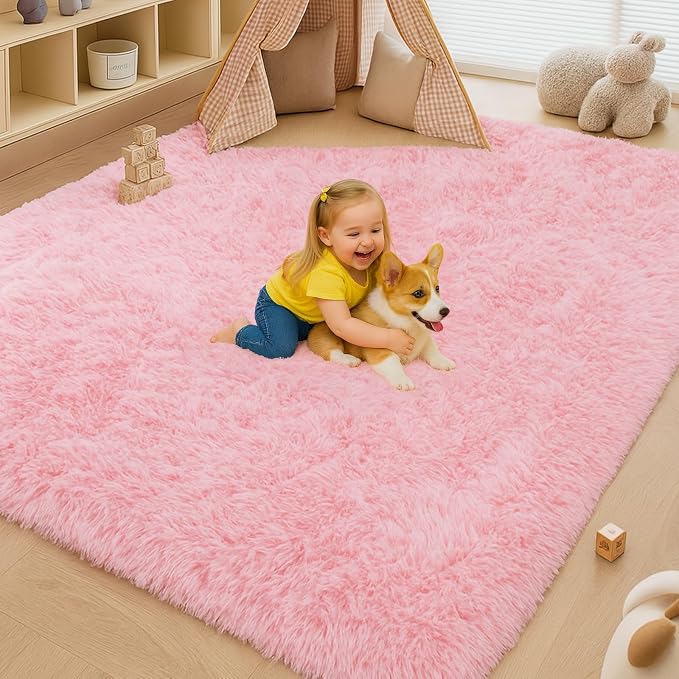 8x10 Area Rugs Living Room, Cute Pink Rug Large Plush Fluffy Bedroom Carpet - Image 5