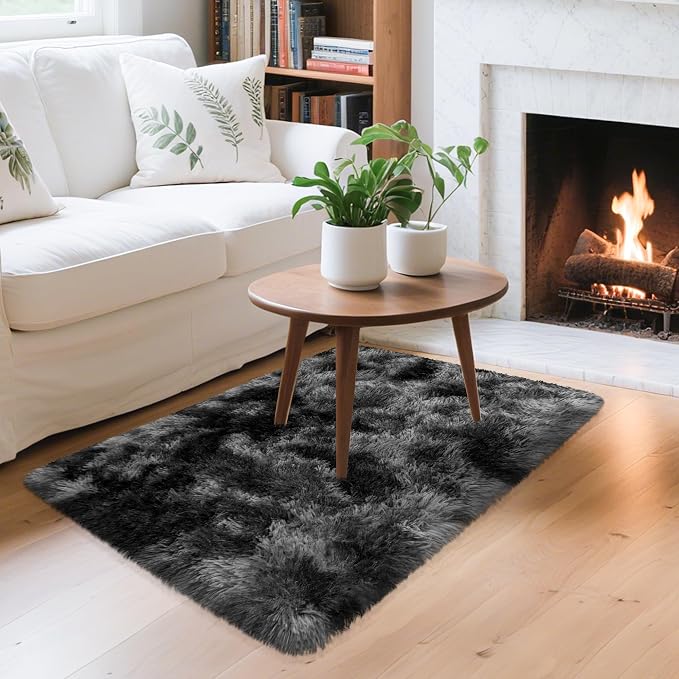 2x3 ft Shaggy Small Black Rug, Tie Dye Soft Fluffy Carpet Bedside Fuzzy Area - Image 2