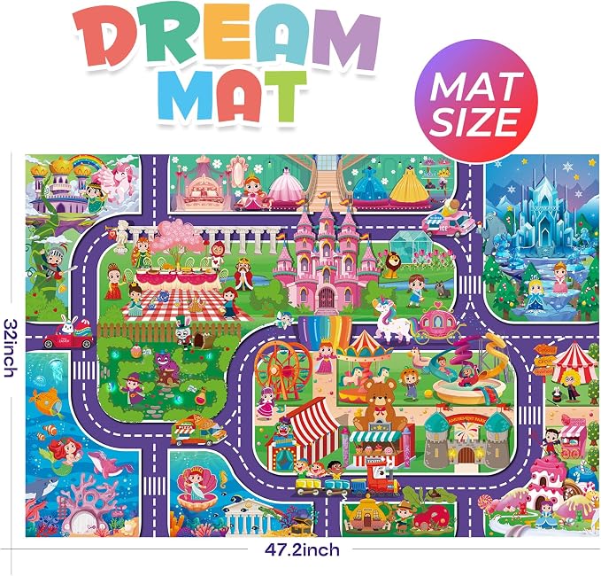 Oriate Kids Dream Mat Girls Toy Car Playmat, Princess Castle Girl Pink Kids - Image 3