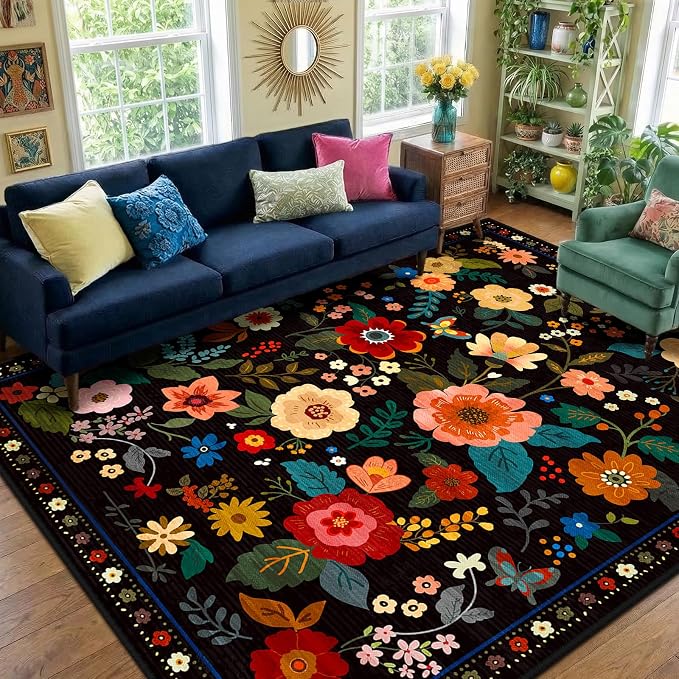 RELEANY Floral 7x9 Area Rugs Washable Print Boho Cute Carpet Non Slip Flower by RELEANY