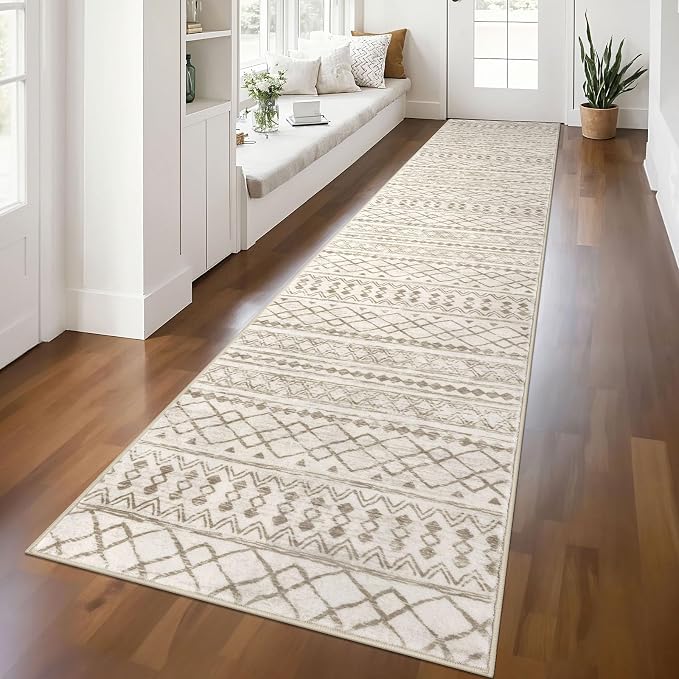 KUTA Moroccan Washable Hallway Runner Rug, 2.6x12 Non-Slip Vintage Beige Boho by KUTA