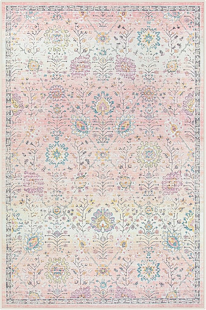 Lahome Girls Bedroom Pink Rug 6x9, Soft Washable Floral Area Rug, Non Slip - Image 9