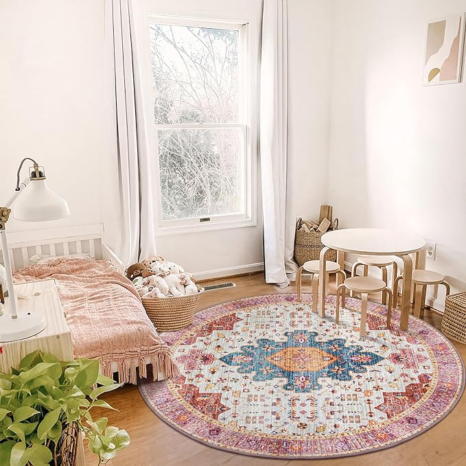 Moynesa Ultra-Thin Washable Round Rug - 6ft Pink Large Living Room Circle Area - Image 7