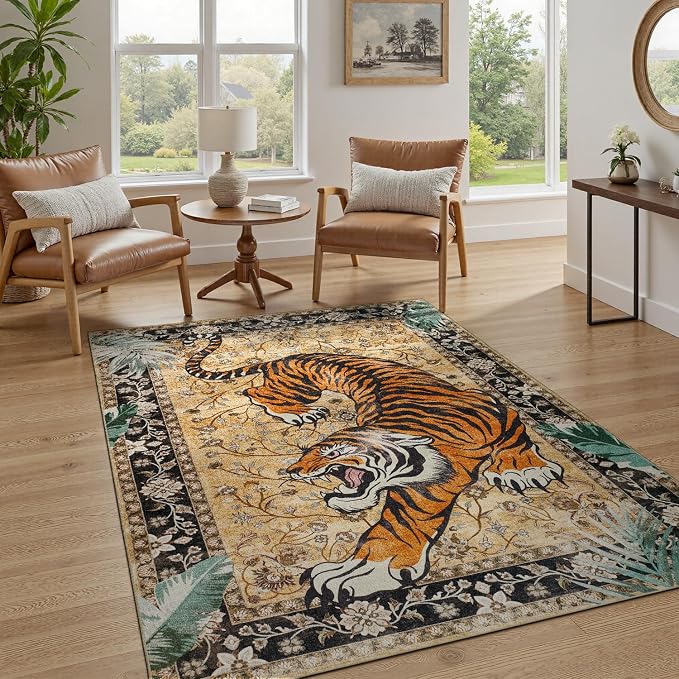 DCX Washable 3x5 Tiger Rug, Soft Low Pile Carpet, Kid & Pet Friendly - Image 5