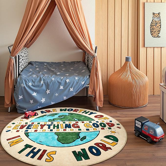 JINCHAN 4ft Round Rug Washable Fun Rug You Are Worthy Playroom Mat Non Slip - Image 8