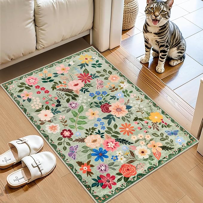 Entryway Rug 2X3 Small Rugs: Floral Washable Door Mat Vintage Soft Low Pile - Image 2