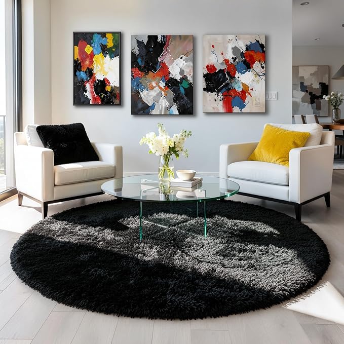 Black Round Rugs 5Ft for Bedroom Aesthetic, Fluffy Plush Circle Area Rugs for - Image 5