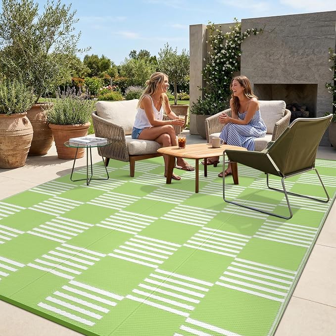 Garvee Waterproof Outdoor Rug 9x12, Checkered Foldable Plastic Straw Patio by Garvee