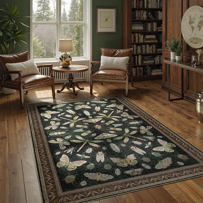 DCX Black 5x7 Washable Bug Rug, Botanical Insect Rug - Image 3