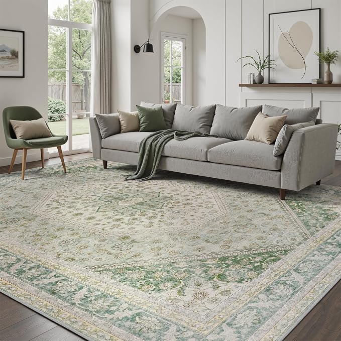 DCX Green 6x9 Area Rug, Machine Washable Non Slip Stain Resistant Vintage Rug - Image 2