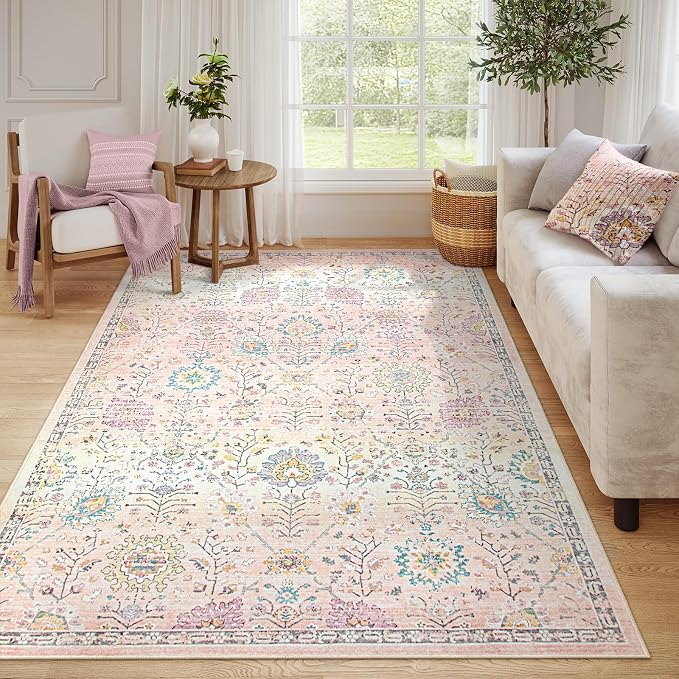 Lahome Girls Bedroom Pink Rug 6x9, Soft Washable Floral Area Rug, Non Slip by Lahome