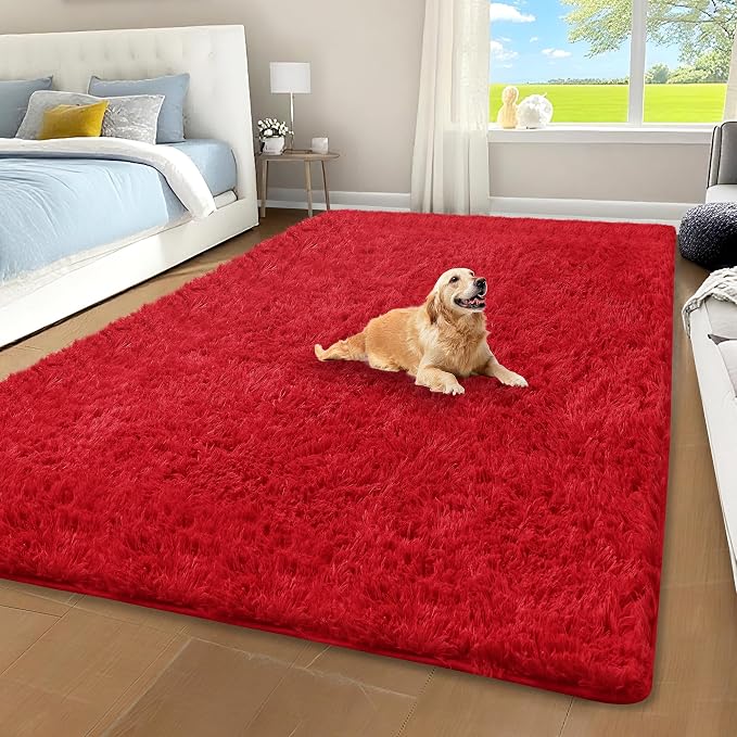Red Shag Area Rug for Bedroom, 4x6 Fluffy Shaggy Rugs for Living Room Nursery by Unknown