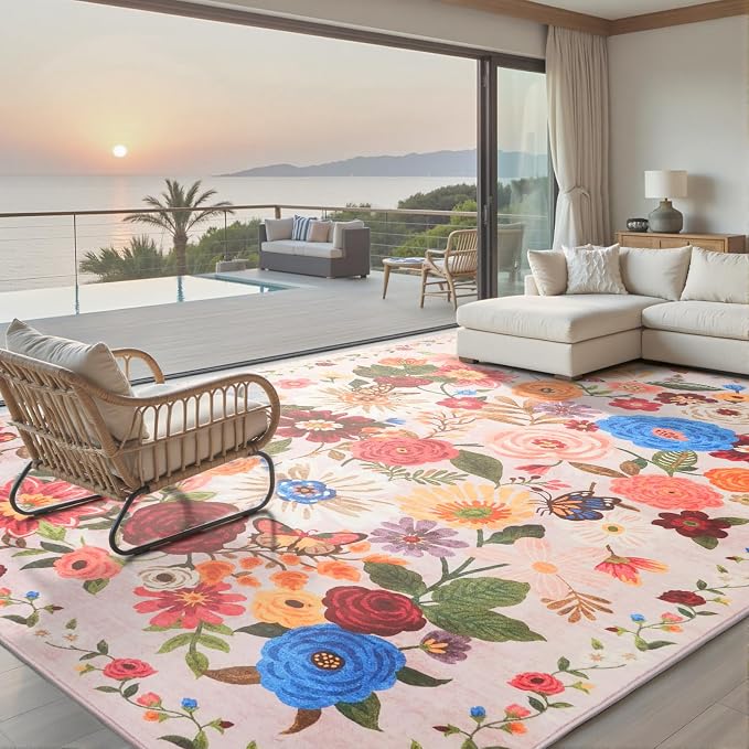 Blush Area Rugs 10x14 for Living Room, Non Slip Machine Washable Floral Rugs by WelcometoBabovid