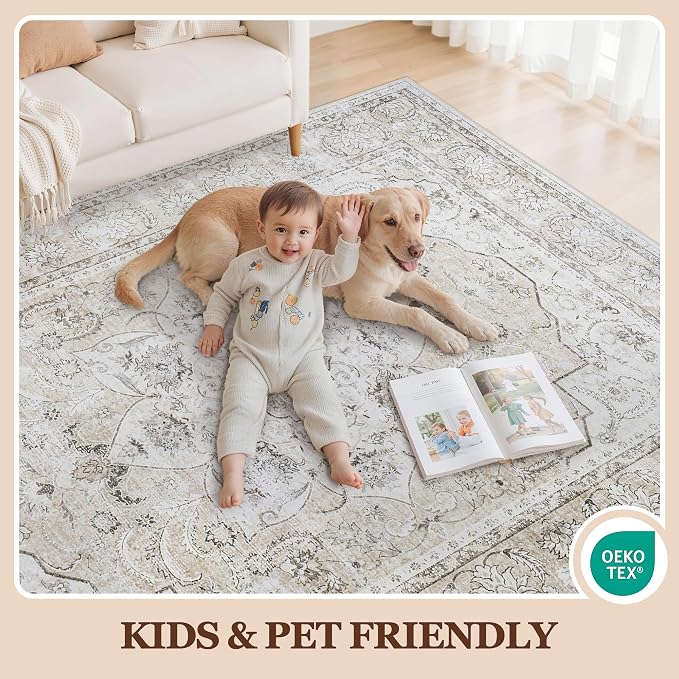 6x9 Area Rugs for Living Room:Beige Washable Vintage Medallion Carpet Non-Slip - Image 5