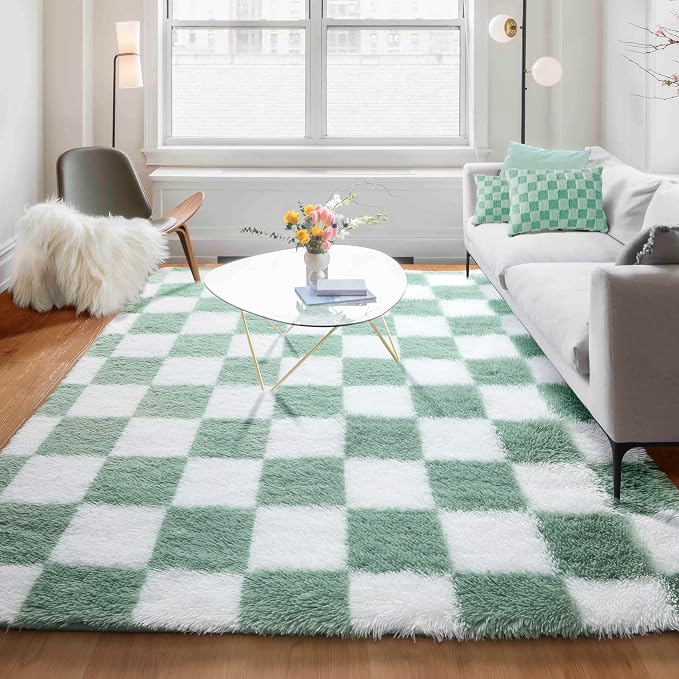 KICMOR Living Room Rugs 5x8 Sage Green and White, Large Fluffy Furry Shaggy - Image 8