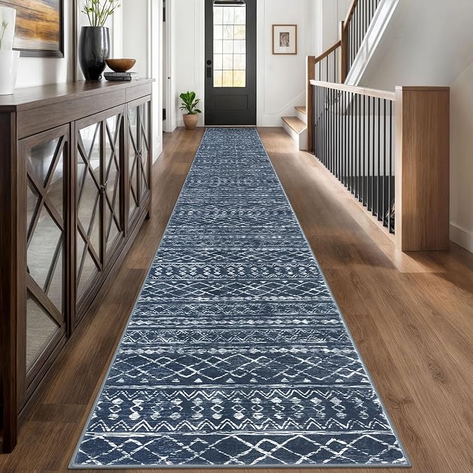 KUTA Moroccan Washable Runner Rug 2.6x18 Non-Slip Vintage Navy Blue Boho by KUTA