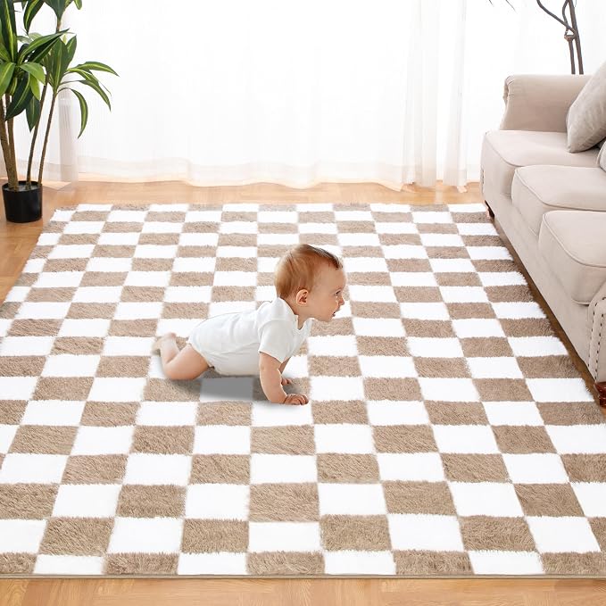 Super Soft Rug for Bedroom, 8x10 Ft Beige and White Area Rug Classic Checkered - Image 2