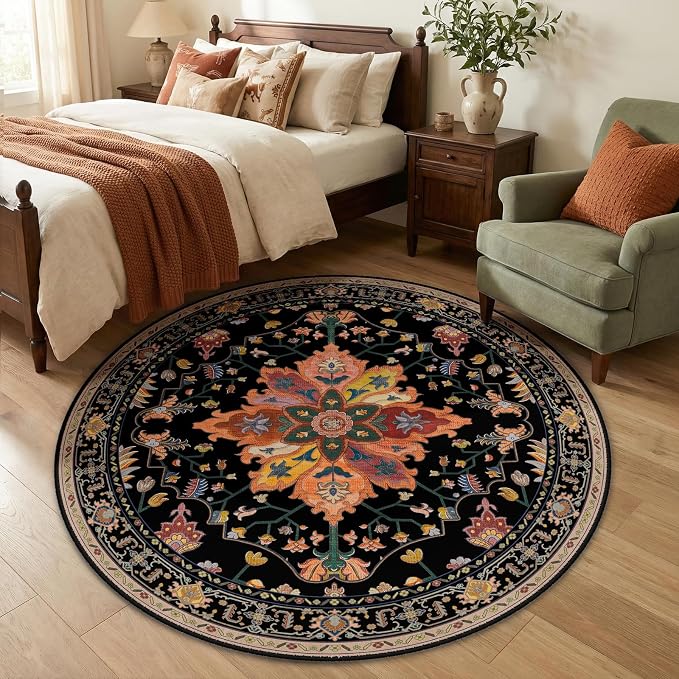 RELEANY Area Rugs Round 5ft Washable Non-Slip, Floral Vintage Distress - Image 3