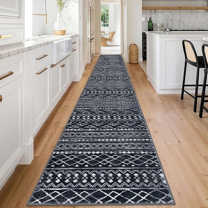 KUTA Long Hallway Runner Rug 2.6x18 Non-Slip Washable, Moroccan Vintage Black - Image 2