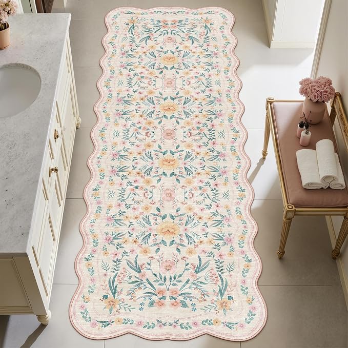 Hallway Runner Scalloped Floral Rug 2.6x8 Washable Non Slip Pink | Soft - Image 6