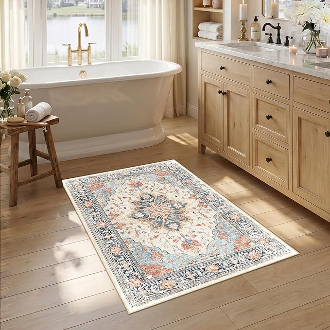 RELEANY Area Rugs Small 2'6"x4' Washable Non-Slip, Floral Vintage Distress by RELEANY