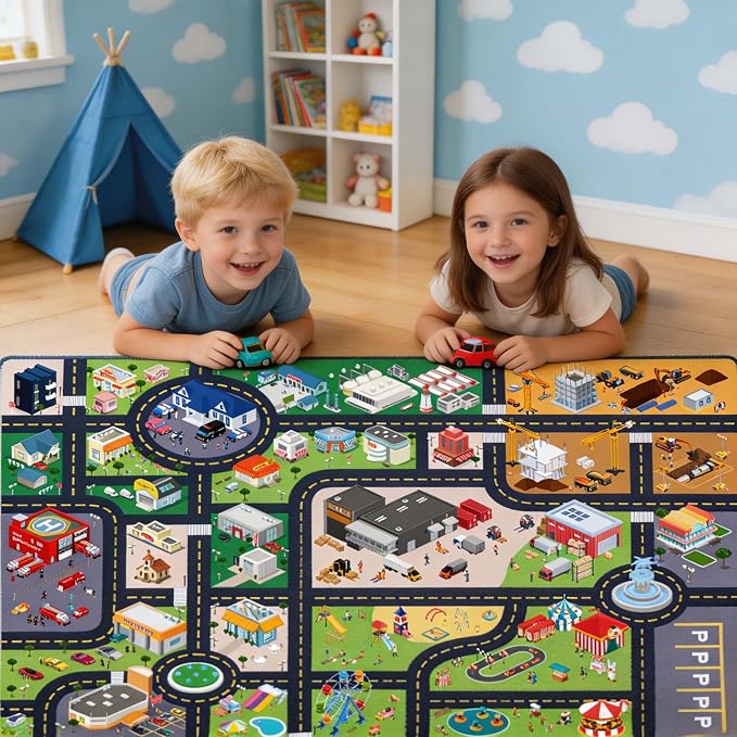 Kids Rug Playroom Car Play Mat City Life Road Rug - Image 9
