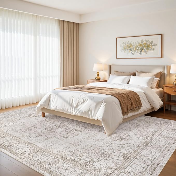 9x12 Area Rugs for Living Room:Beige Washable Vintage Medallion Carpet Non-Slip - Image 2