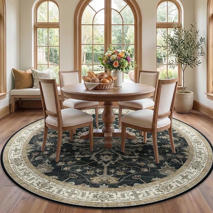 RELEANY Area Rugs Round 7ft Washable Non-Slip, Floral Vintage Distress by RELEANY