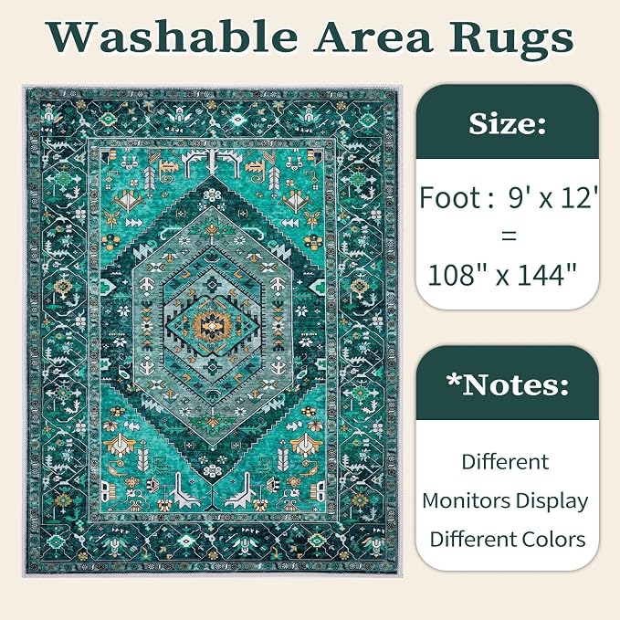 SERISSA Washable Rugs 9x12 Area Rugs, Large Non-Slip Boho Living Room Teal Rug - Image 6