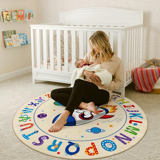 ABC Kids Alphabet Round Rug 4ft, Washable Soft Circle Nursery Rug, Non-Slip - Image 9