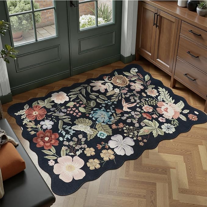 DCX Black Floral Rug 2x3, Washable Black Rug by DCXWashableRug