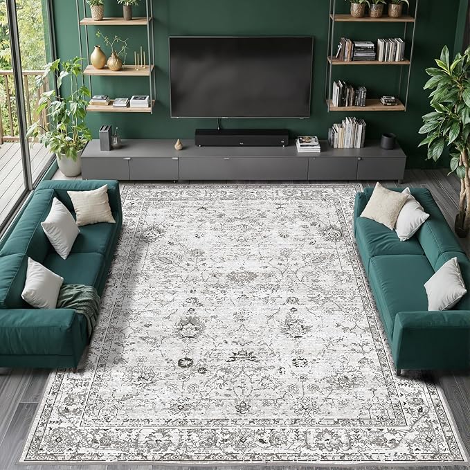 Floral Washable 6x9 Area Rug, Soft Grey White Bedroom Rug - Image 8