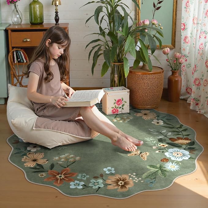 Lahome Floral Washable Round Rugs, Non-Slip Soft Round Rug 4ft Ultra-Thin - Image 2