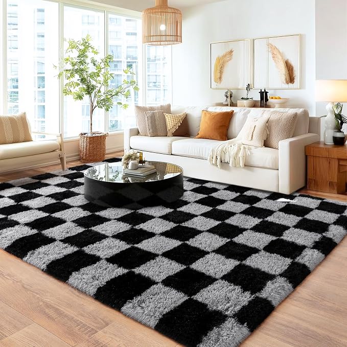 Checkered 8x10 Area Rugs for Living Room, Ultra Soft Fluffy Large Shaggy Rug - Image 2